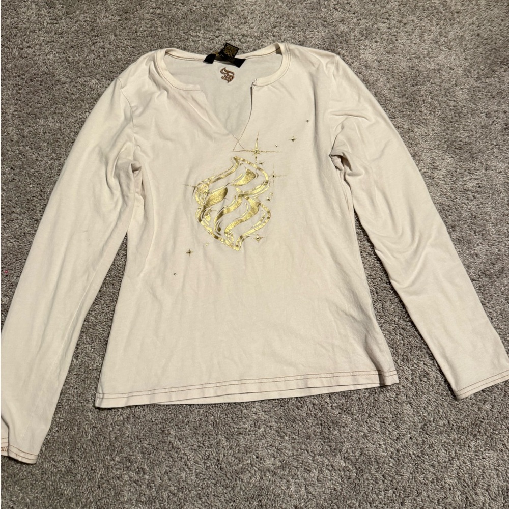 Rocawear Cream Long Sleeve Top with Gold Design